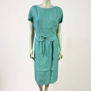 1950s Sea Foam Green Linen Wiggle Dress with Bow Belt - Handmade Vintage